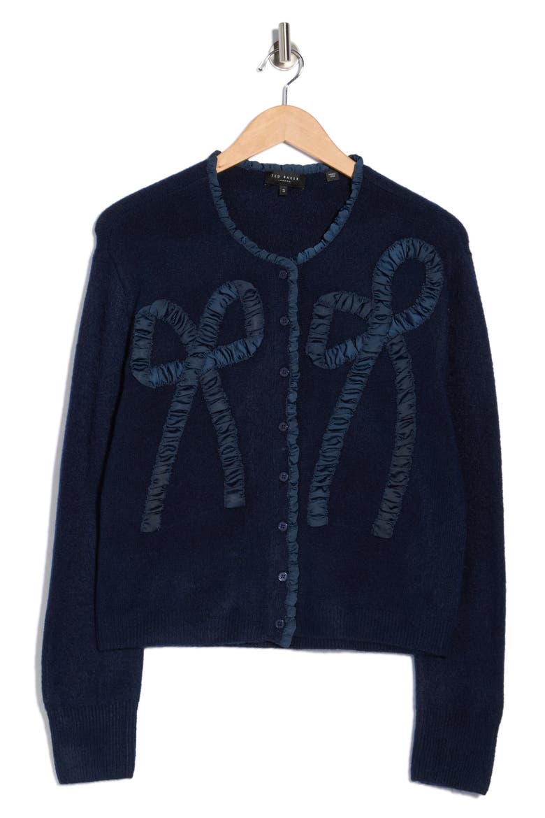 Ruffle Bow Cardigan, Alternate, color, CLASSIC NAVY