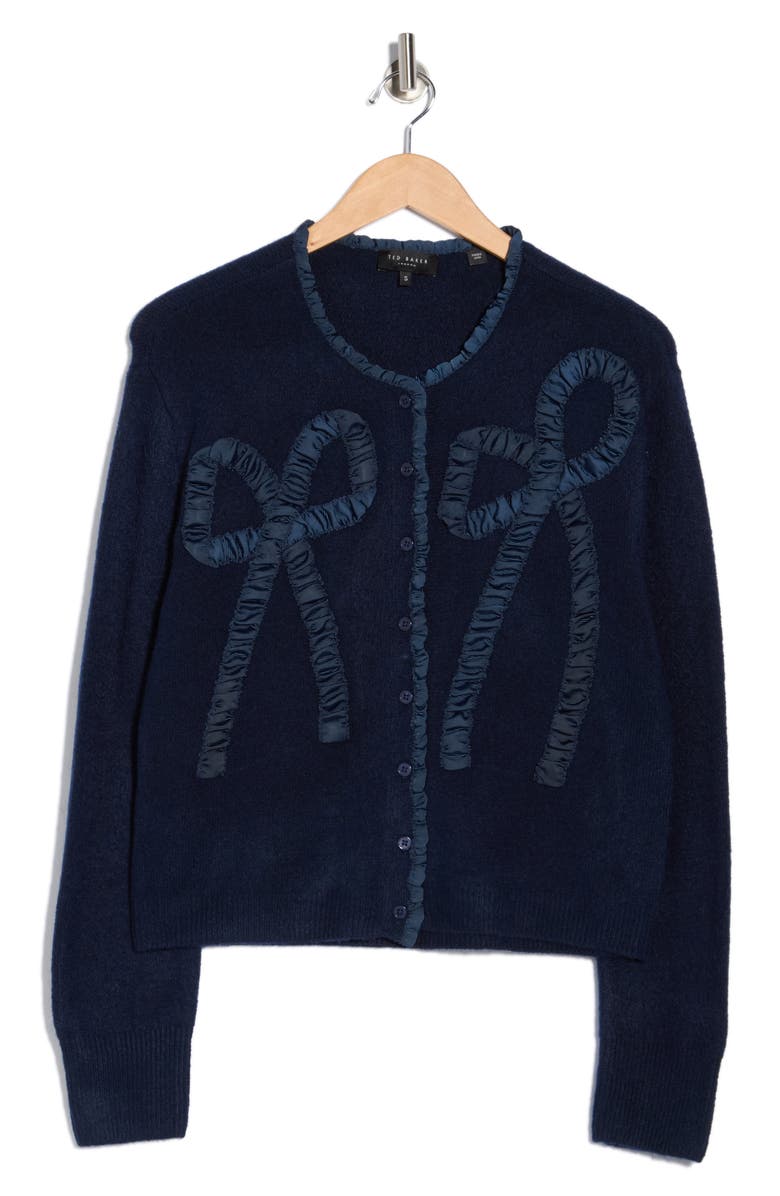 Ted Baker Ruffle Bow Cardigan, Alternate, color, Classic Navy