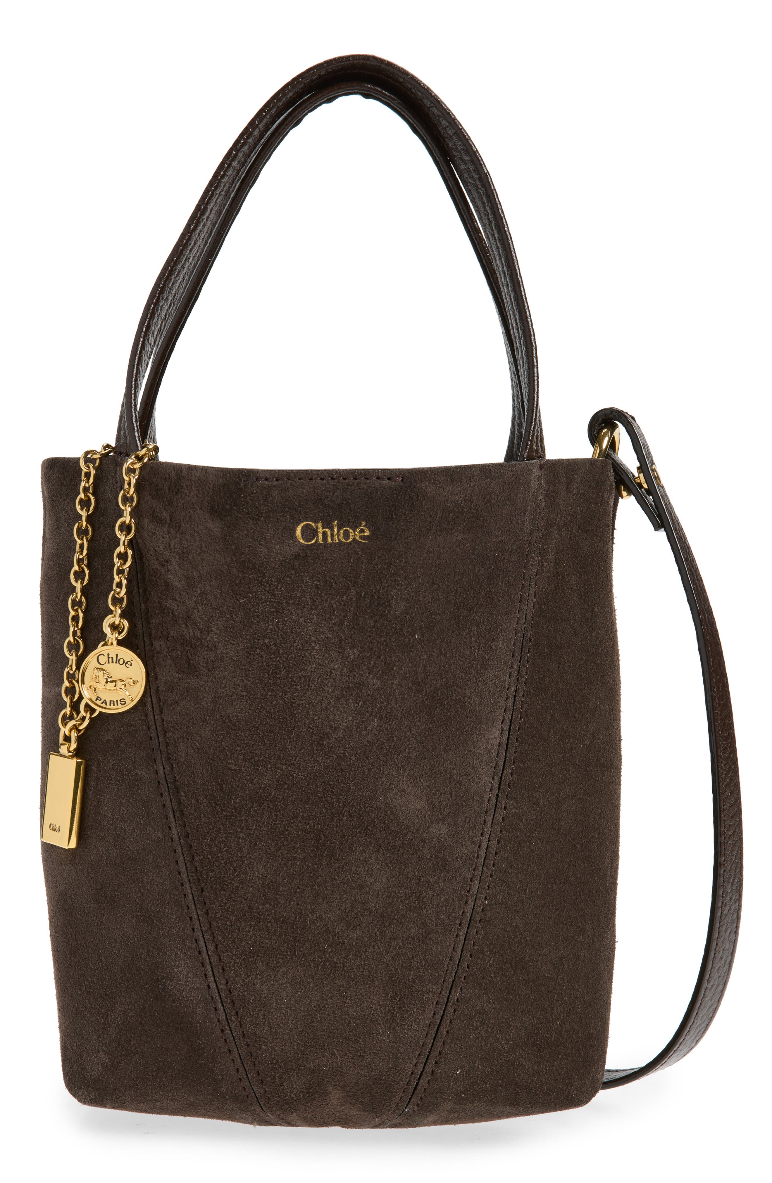 Chloé Small Spin Suede Crossbody Tote, Main, color, Kohl Brown