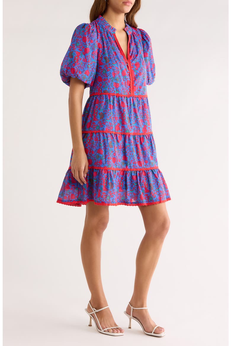 Tanya Floral Tiered Cotton Dress, Alternate, color, BLUE-FUCHSIA