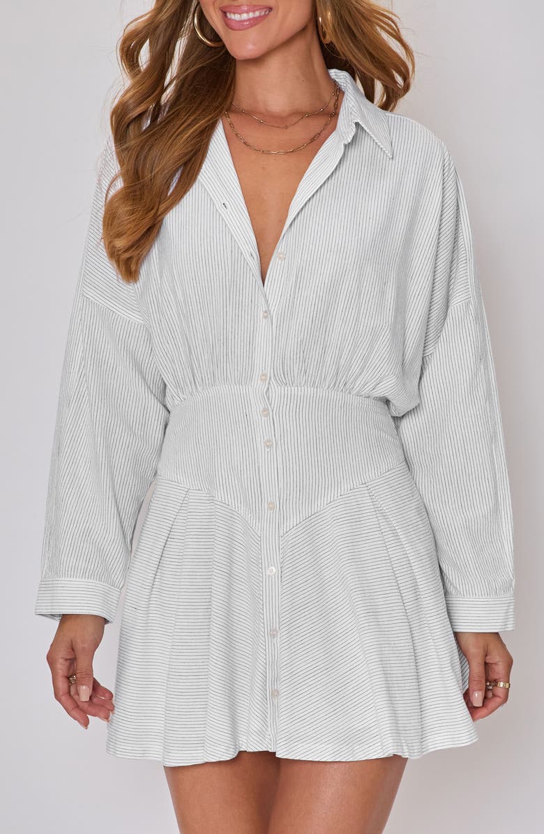VICI Collection Taylor Stripe Long Sleeve Cotton & Linen Mini Shirtdress, Main, color, Cream/ Black