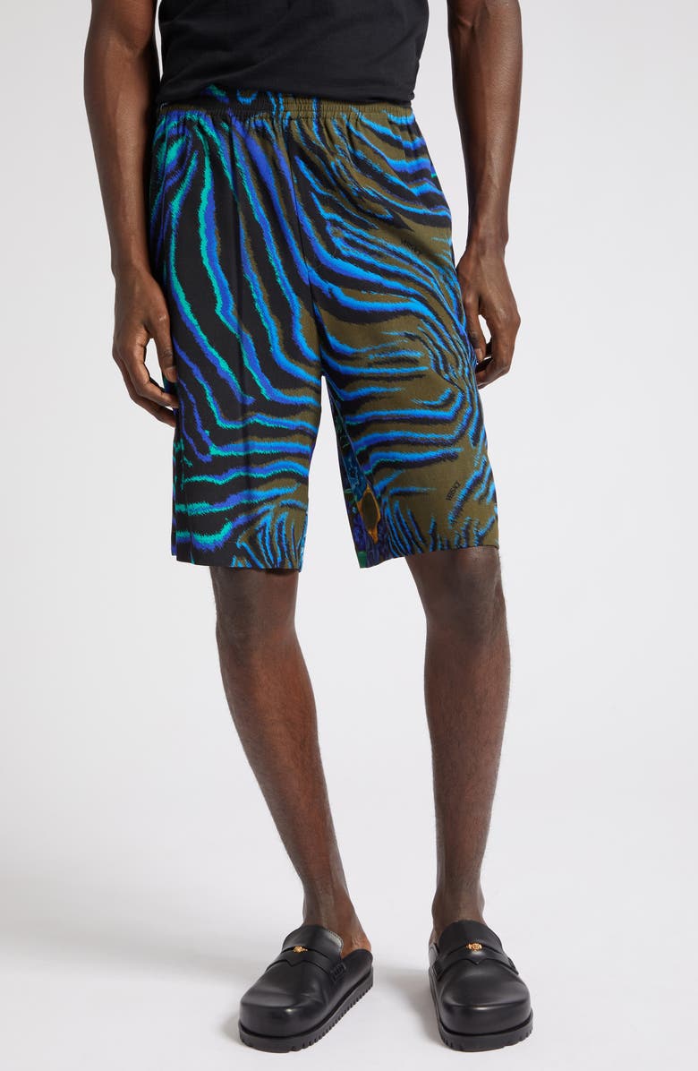 Versace Zebra Print Shorts, Main, color, Khaki Multicolor