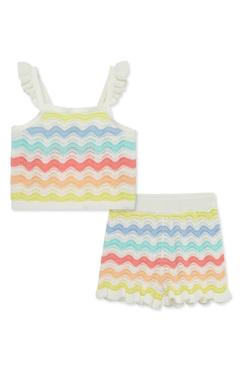 Wavy Stripe Pointelle Cotton Sweater Tank & Shorts Set (Baby)