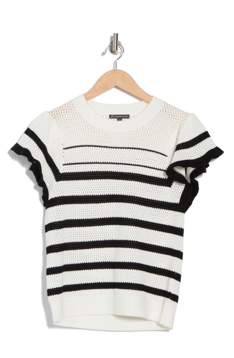 Adrianna Papell Ruffle Stripe Pointelle Sweater, Alternate, color, Ivory/ Black