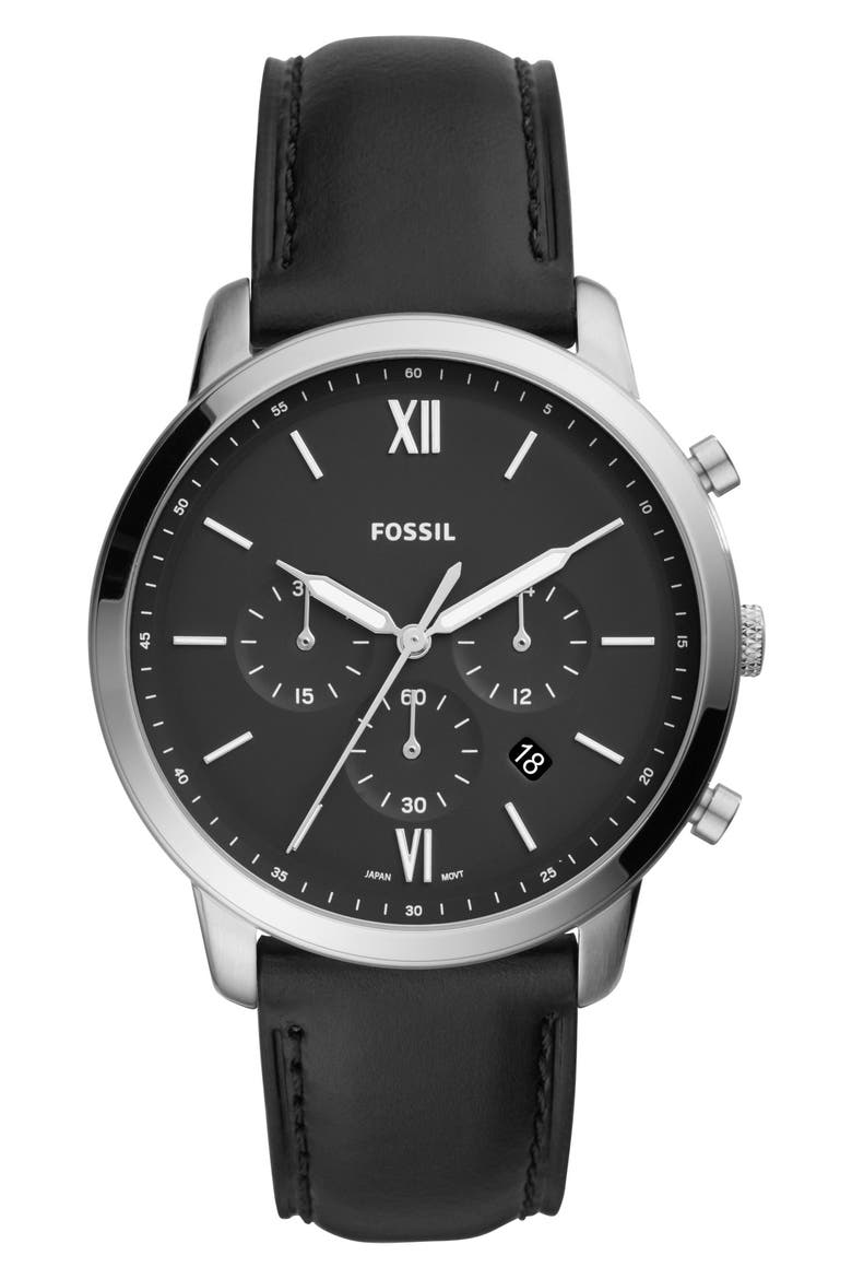 Neutra Chronograph Leather Strap Watch, 44mm, Main, color, BLACK/ BLACK/ SILVER