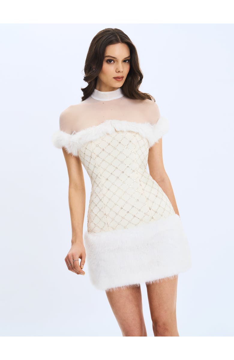 Miss Circle Taylor Faux Fur Trimmed Beaded Bouclé Mini Dress, Alternate, color, Ivory White