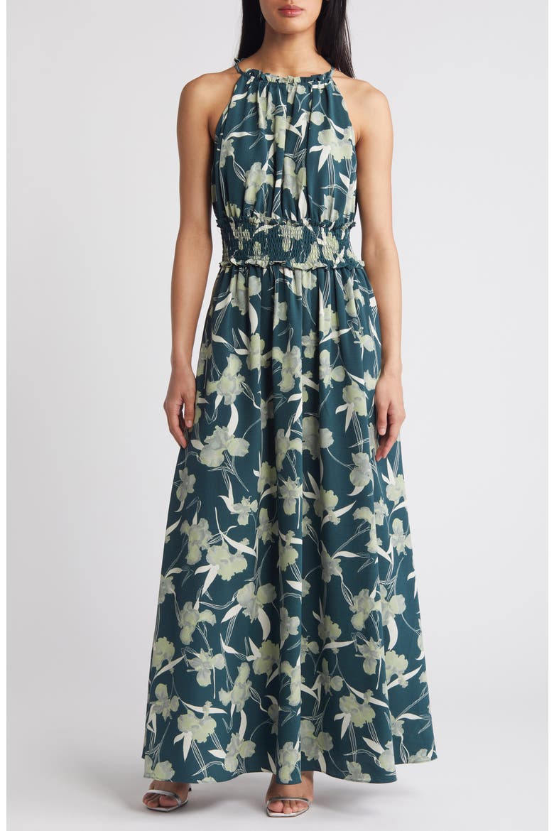 Print Maxi Sundress, Main, color, GREEN ABSTRACT IRIS