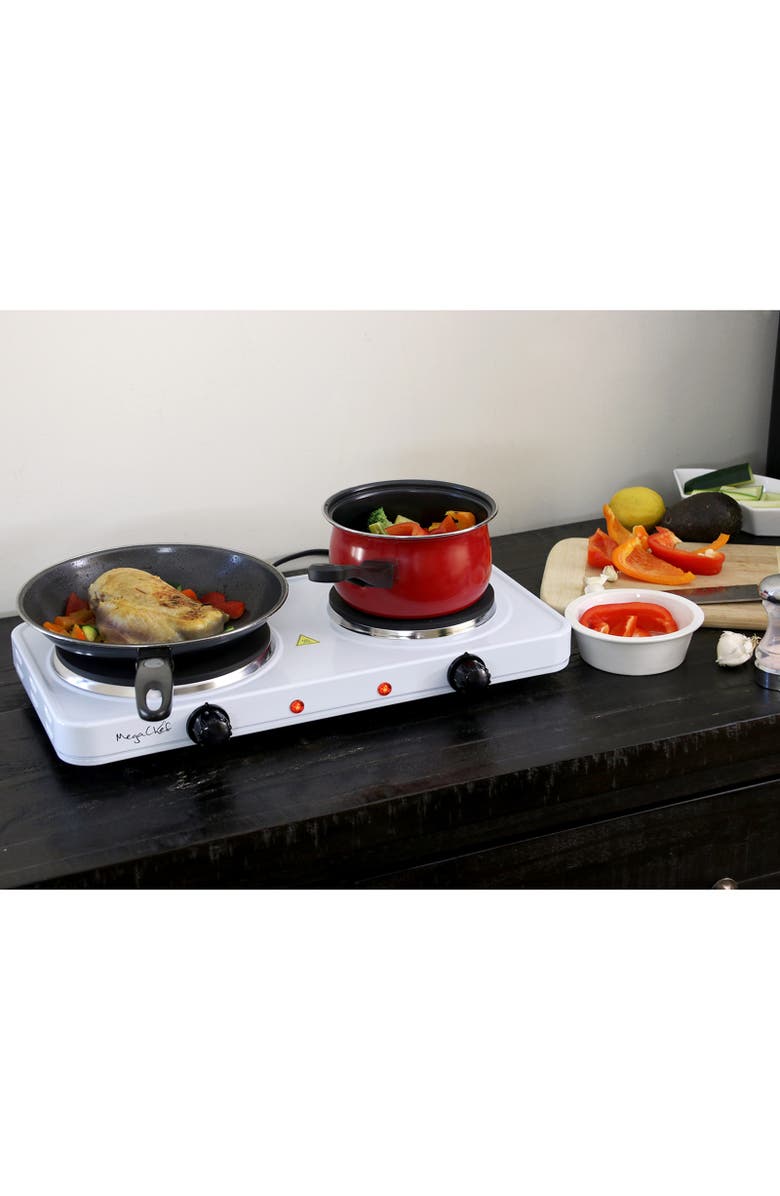 Megachef Electric Easily Portable Ultra Lightweight Dual Burner Cooktop Buffet Range in Sleek White, Alternate, color, White