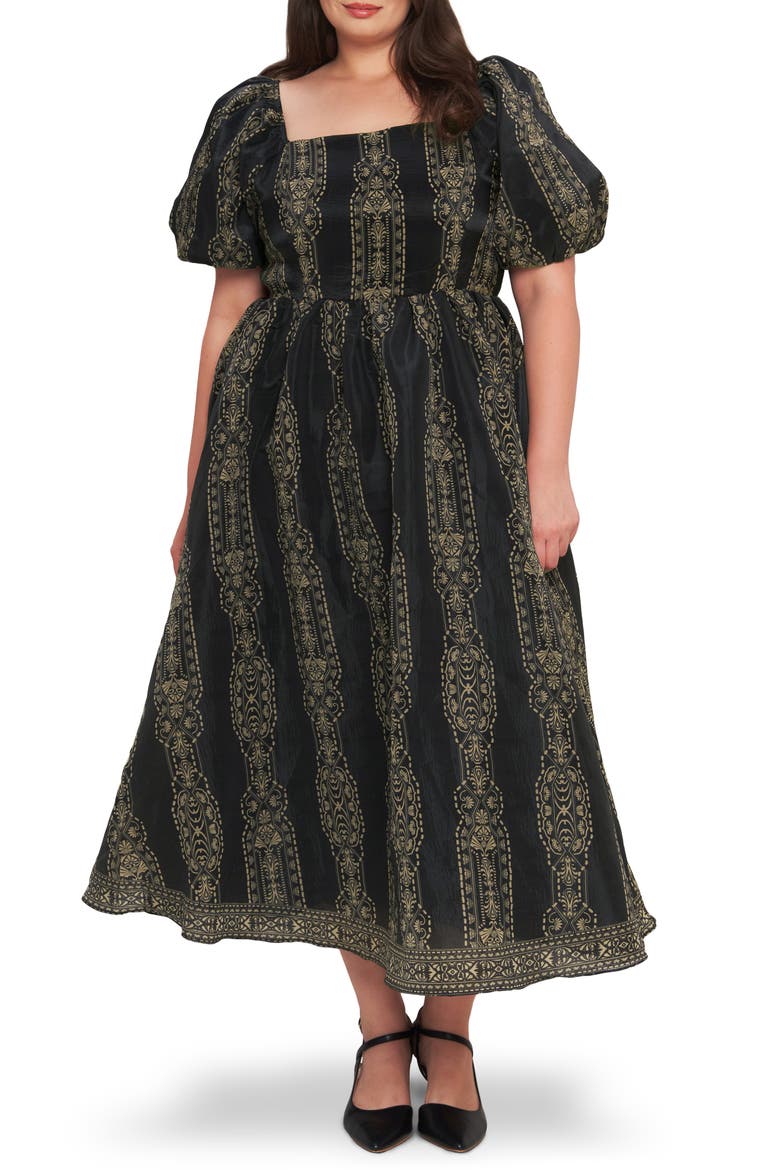 Puff Sleeve Midi Dress, Main, color, BLACK TAUPE