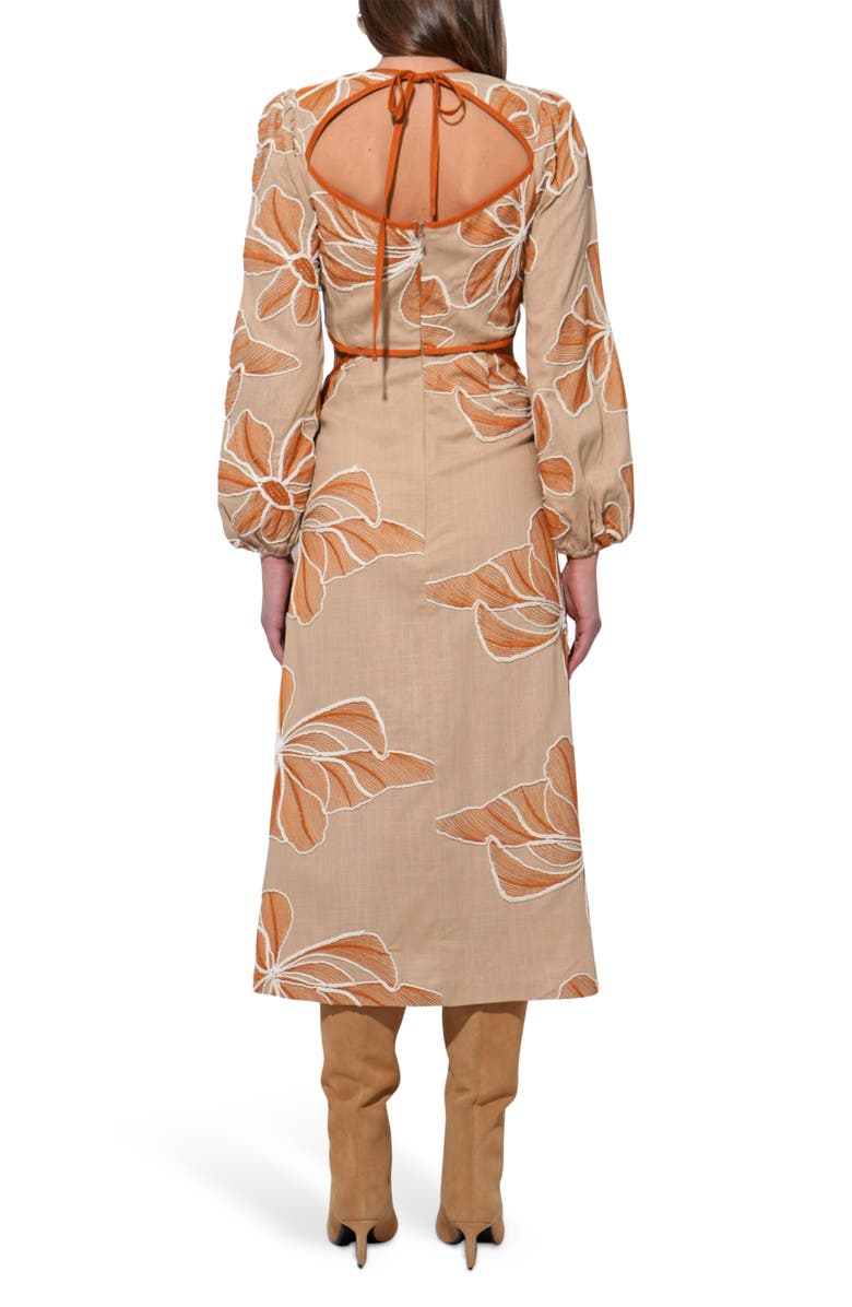 Adelyn Rae Joy Embroidered Side Cutout Long Sleeve Midi Dress, Alternate, color, Natural/ Rust