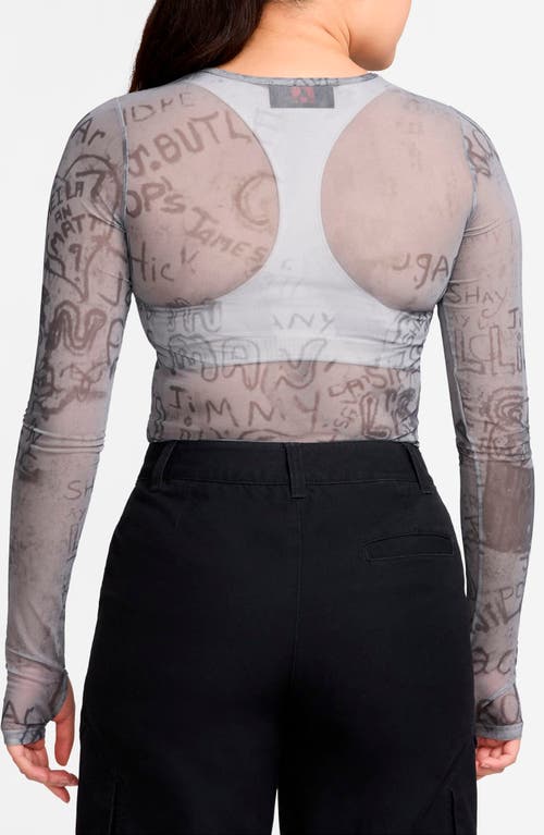Jordan Print Sheer Long Sleeve Top In Gray