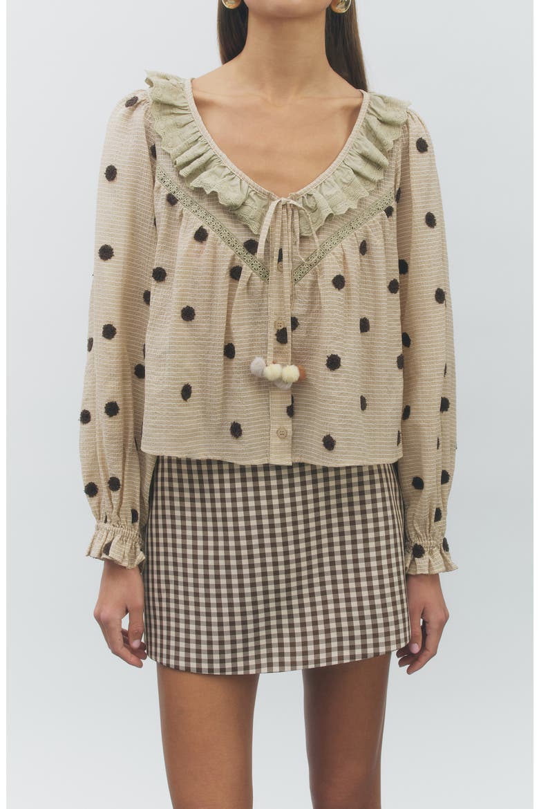Theodore Polka Dot Ruffle Top, Alternate, color, TAN BROWN