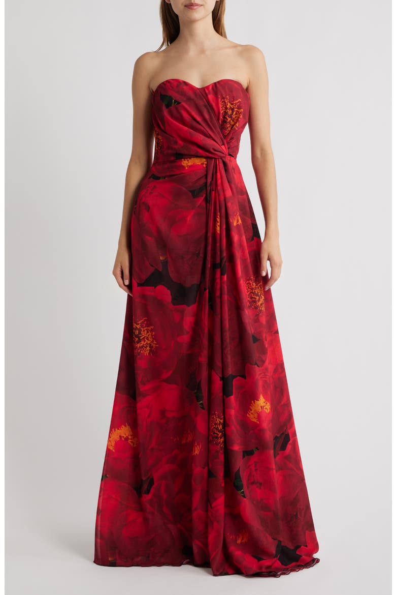 Floral Strapless Georgette Gown, Main, color, RED