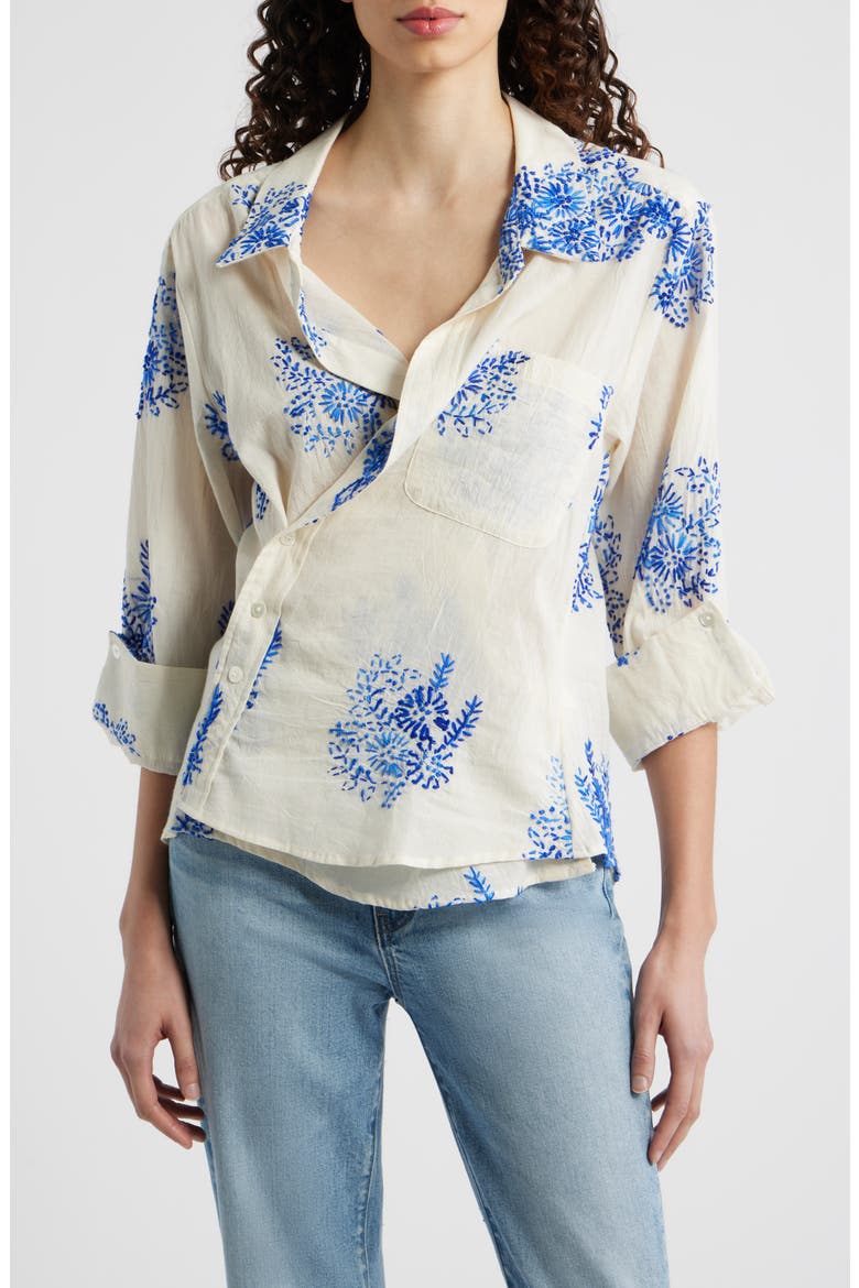 Embroidered Asymmetric Cotton Button-Up Shirt, Main, color, FLORET HANDSTITCH