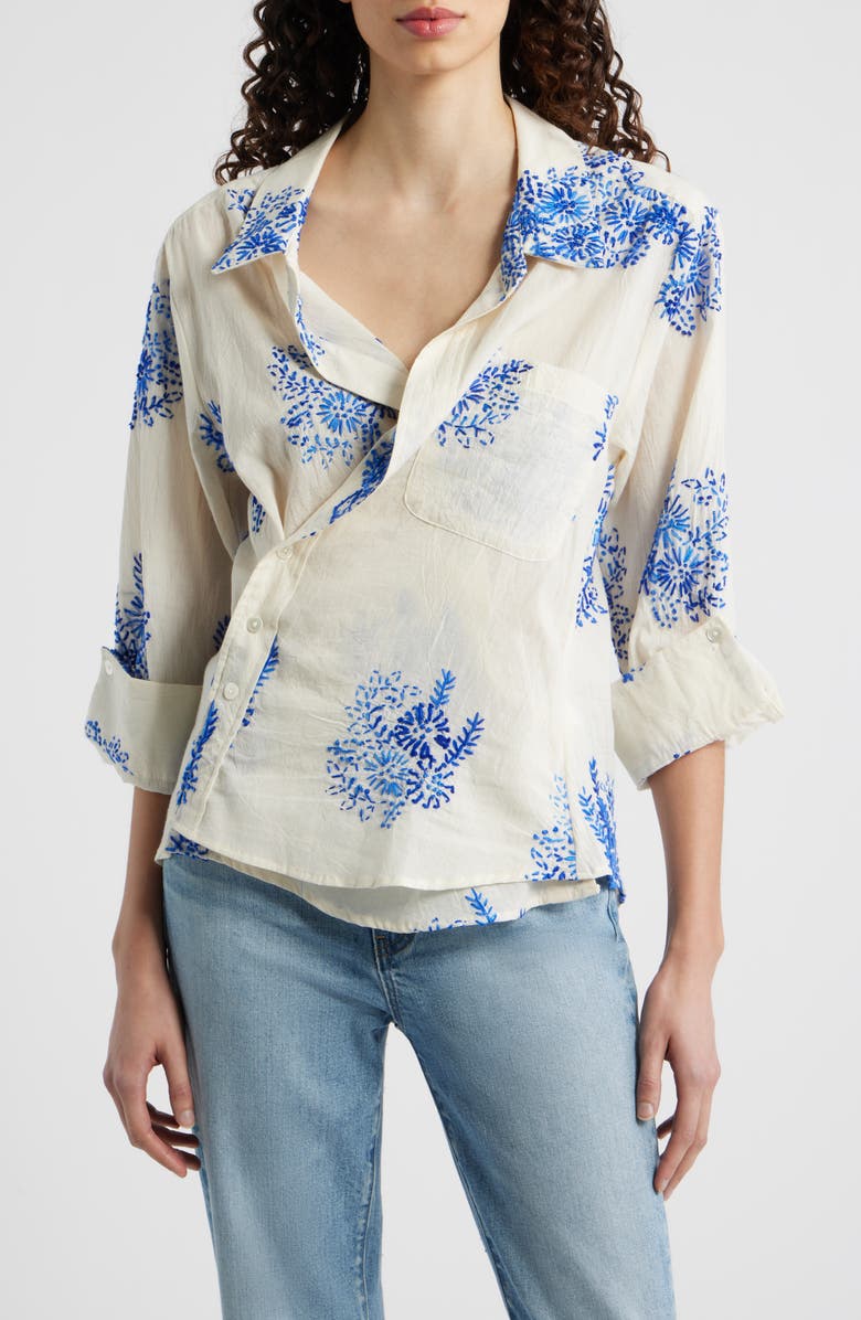 CISSA Embroidered Asymmetric Cotton Button-Up Shirt, Main, color, Floret Handstitch
