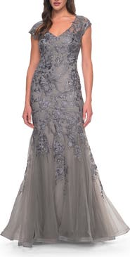 La Femme Lace and Tulle Mermaid Gown with Cap Sleeves