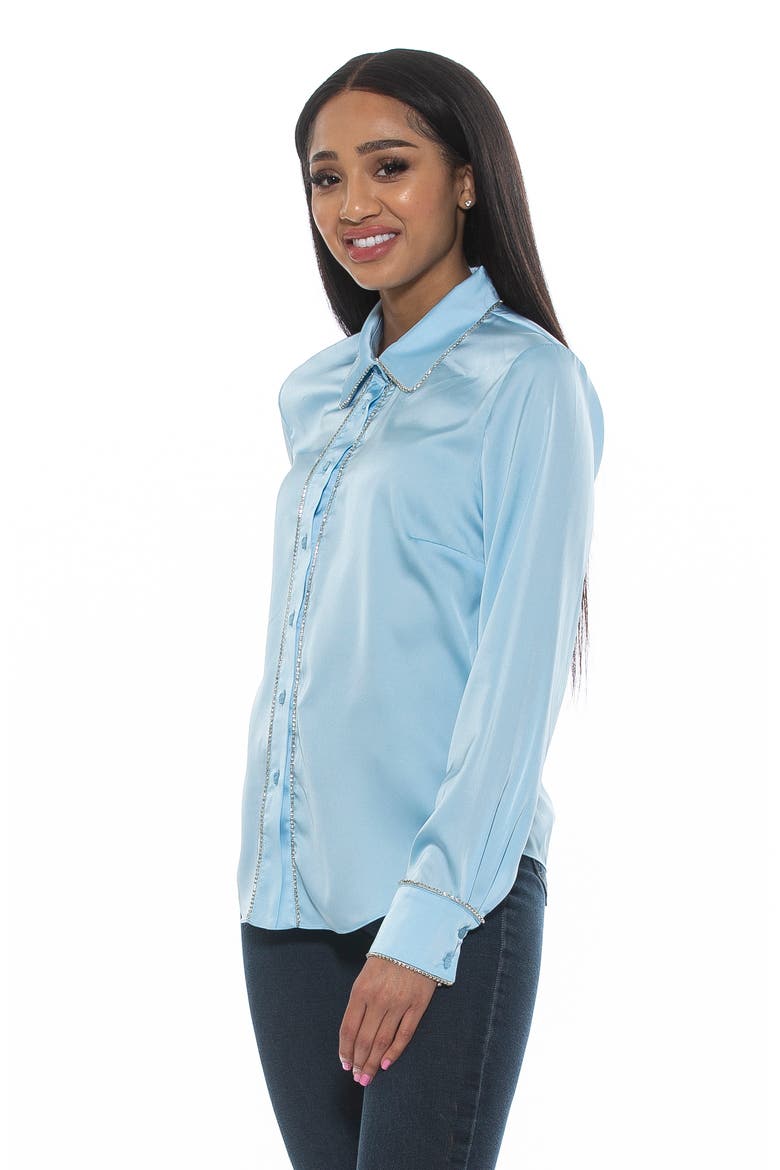 Rachel Rhinestone Trim Satin Button-Up Blouse, Alternate, color, HALOGEN BLUE