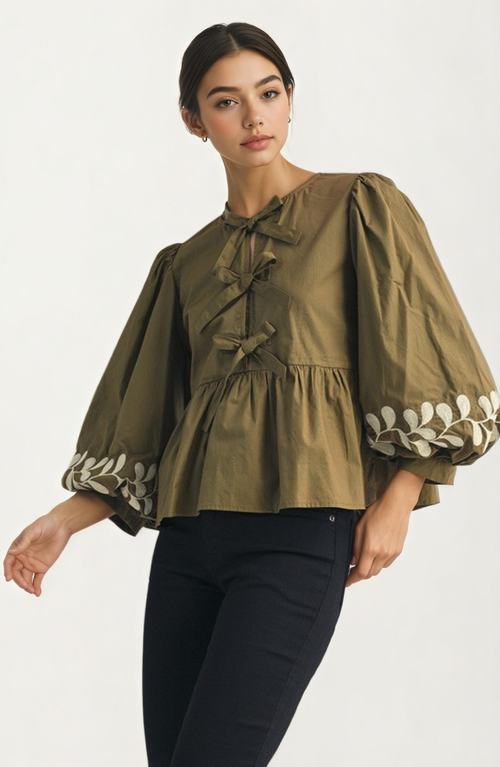 Knit and Lounge Bow Front Embroidered Balloon Sleeve Blouse in Olive Green  product
