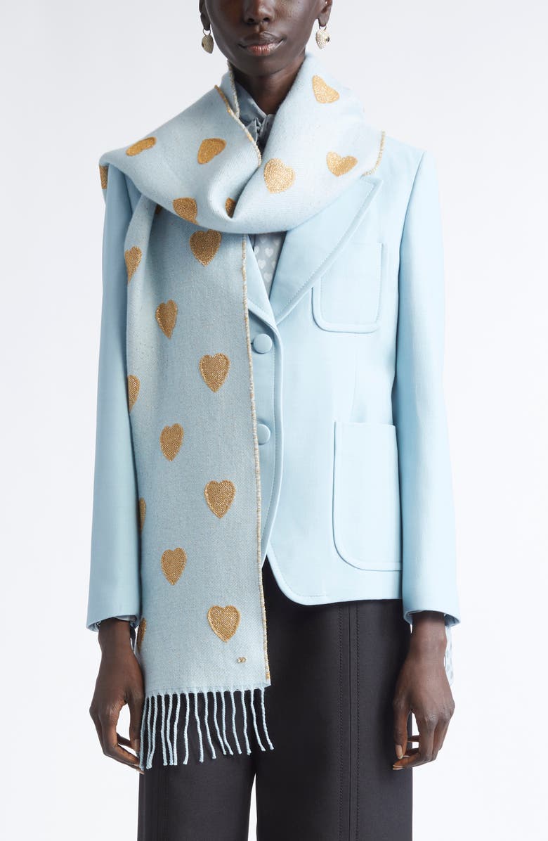 Valentino Garavani Metallic Heart Jacquard Virgin Wool & Cashmere Blend Fringe Scarf, Alternate, color, Celeste Oro/ Oro