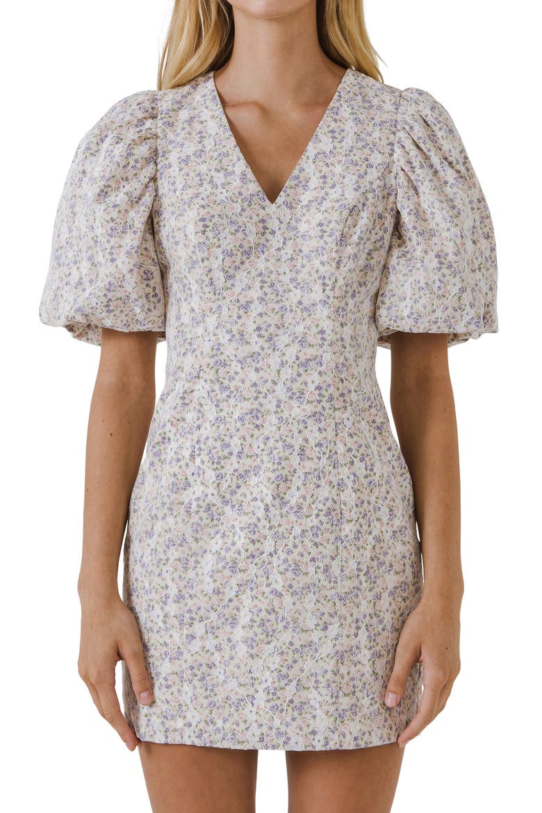 Floral Print Puff Sleeve Minidress, Alternate, color, CREAM MULTI