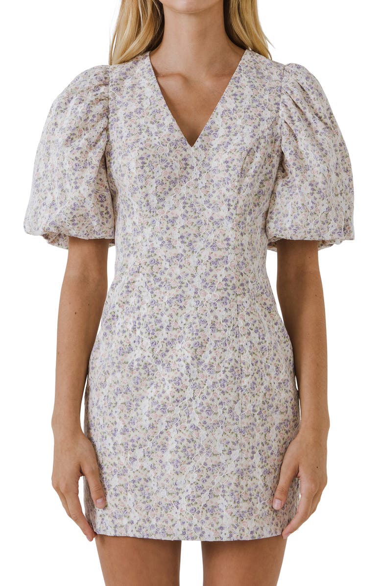 Free the Roses Floral Print Puff Sleeve Minidress, Alternate, color, Cream Multi