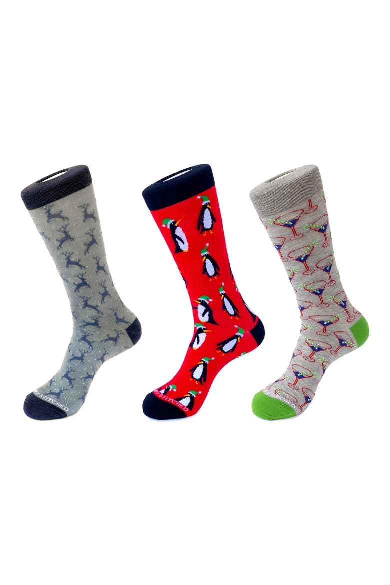 3-Pack Holiday Crew Socks, Main, color, GREY RED