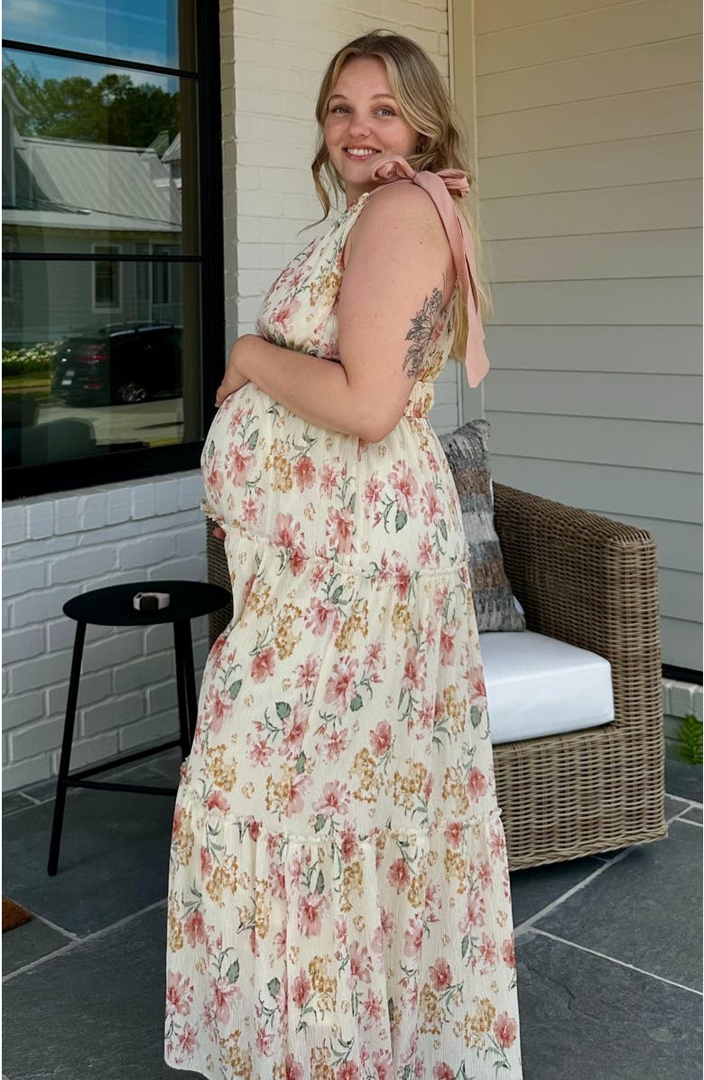 PinkBlush Floral Shoulder Tie Deep V-Neck Tiered Maxi Dress, Alternate, color, Cream