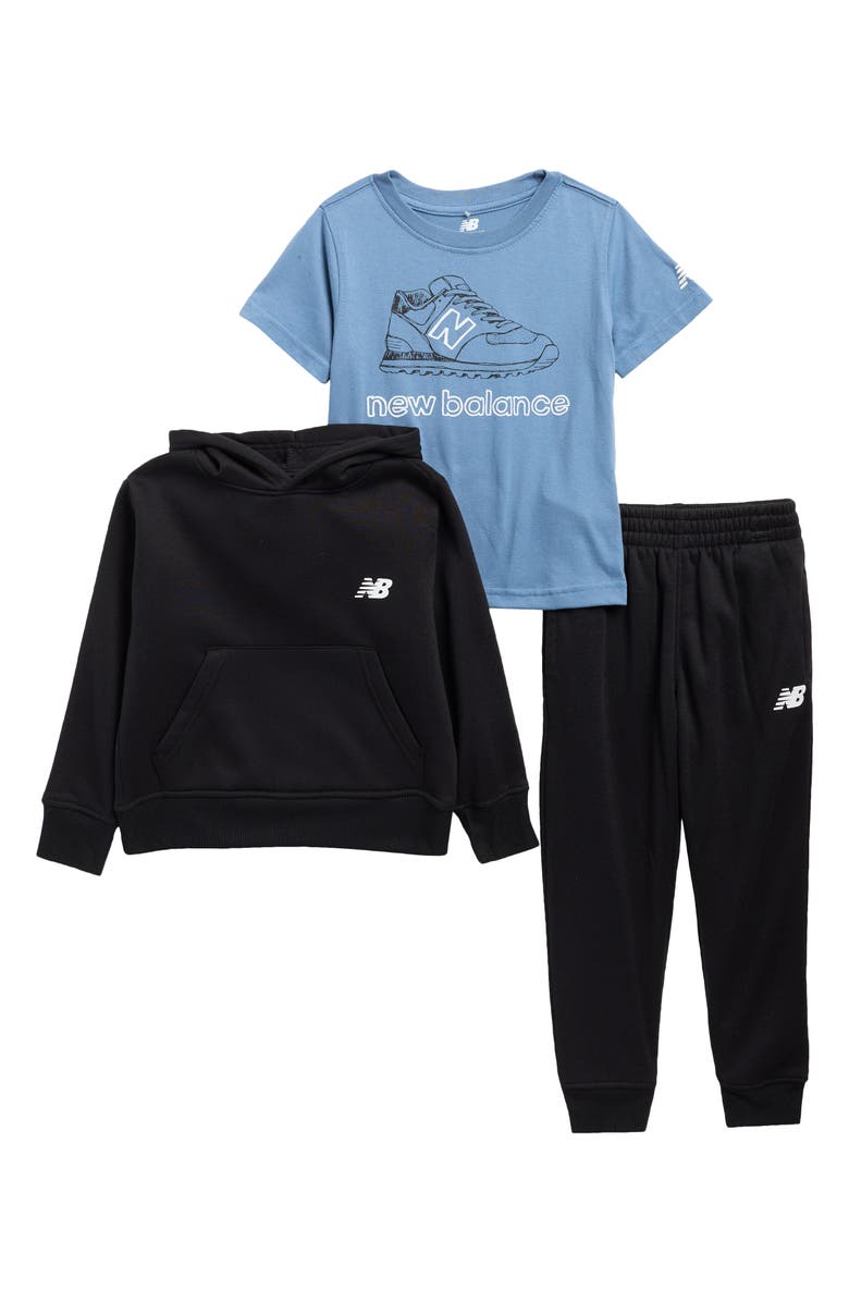 New Balance Kids' Fleece Hoodie, T-Shirt & Joggers Set, Main, color, Black/ Shoreline Blue