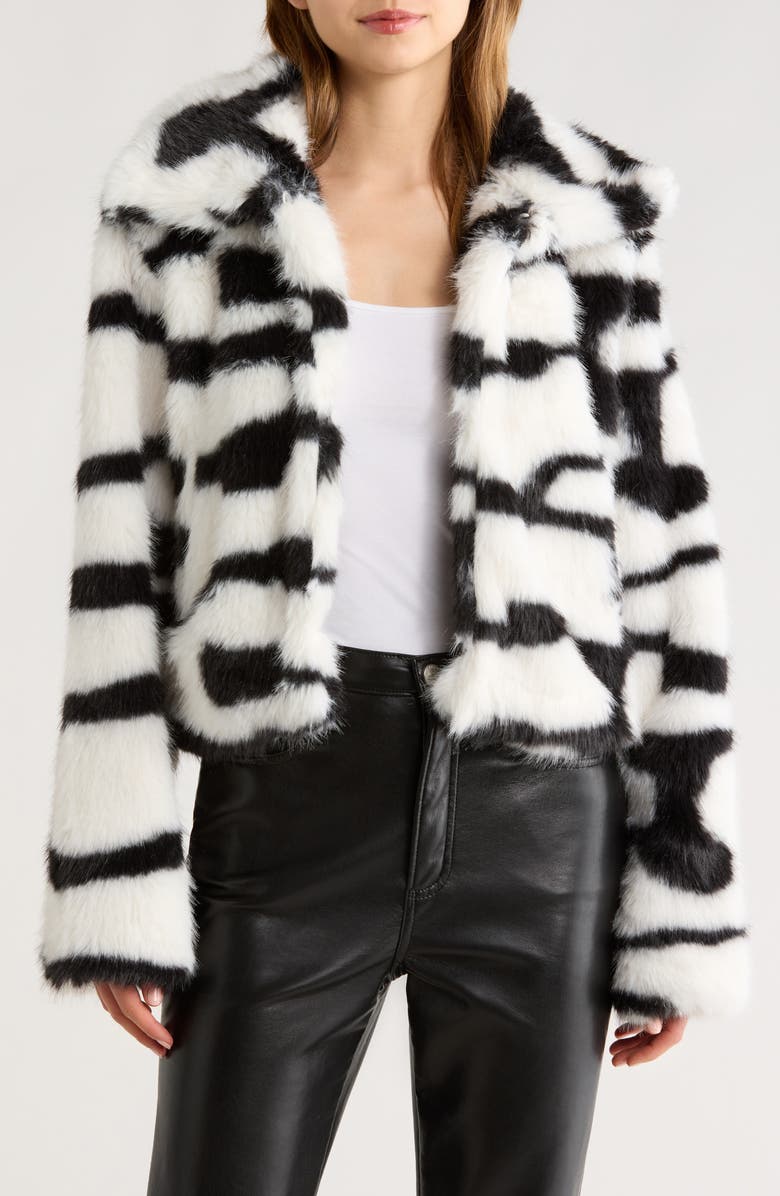 All in Favor Abstract Print Faux Fur Jacket, Main, color, Black Off/ White