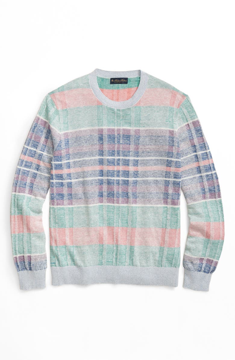Brooks Brothers Madras Plaid Linen Crewneck Sweater, Main, color, 