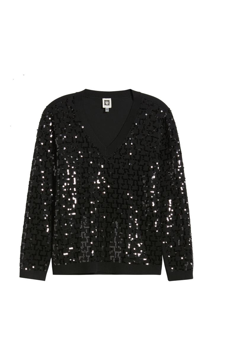 Anne Klein Sequin Zigzag Sweater, Alternate, color, Anne Black