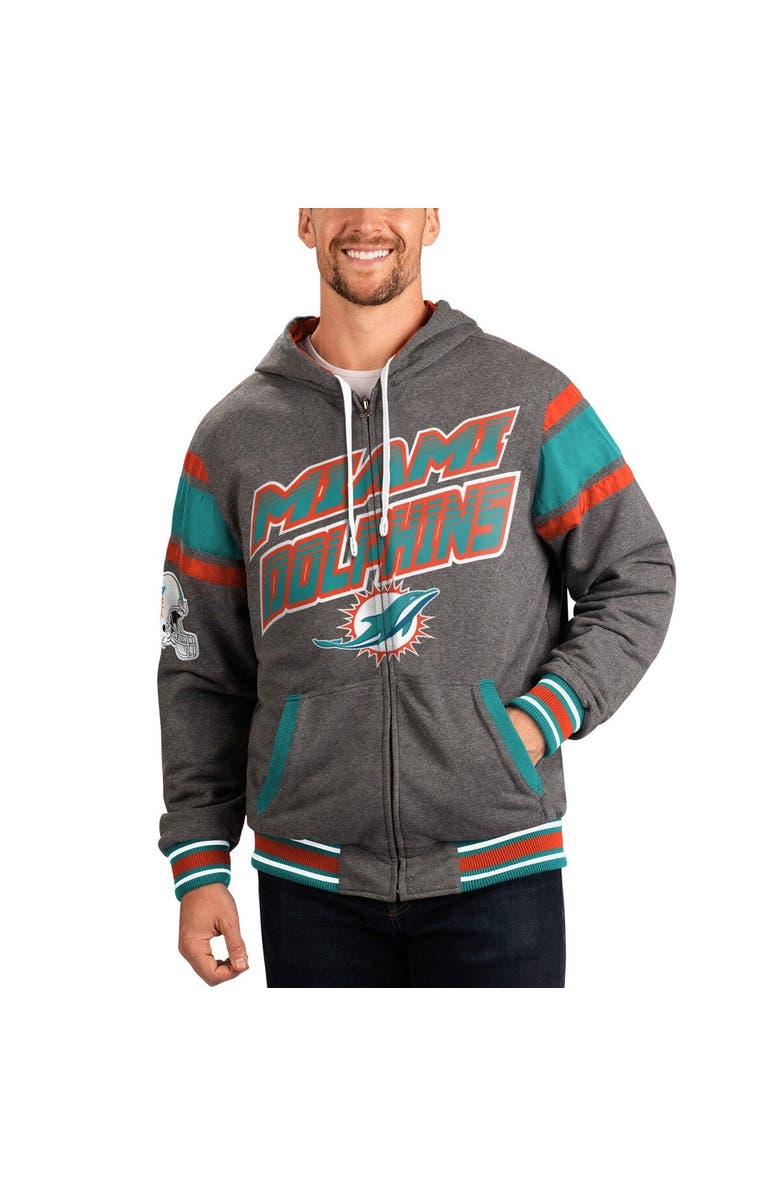 G-III SPORTS BY CARL BANKS Men's G-III Sports by Carl Banks Gray/Aqua Miami Dolphins Extreme Full Back Reversible Hoodie Full-Zip Jacket, Main, color,