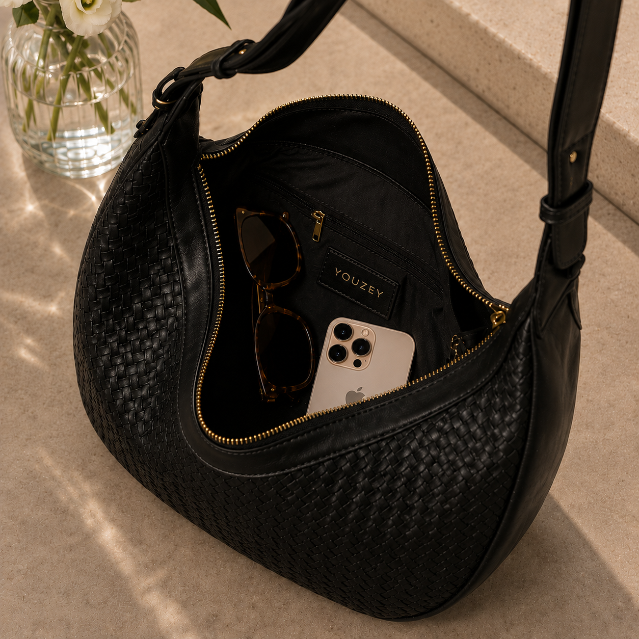Youzey The Crescent Woven Shoulder Bag, Alternate, color, Black