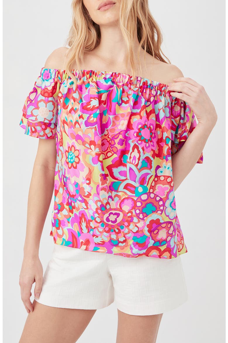 Silia Print Ruffle Sleeve Off the Shoulder Top, Main, color, PINK MULTI