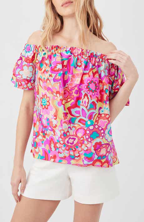 Trina Turk Silia Print Ruffle Sleeve Off the Shoulder Top