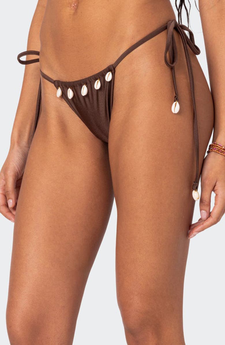 EDIKTED Puka Charm Side Tie Bikini Bottoms, Alternate, color, Brown