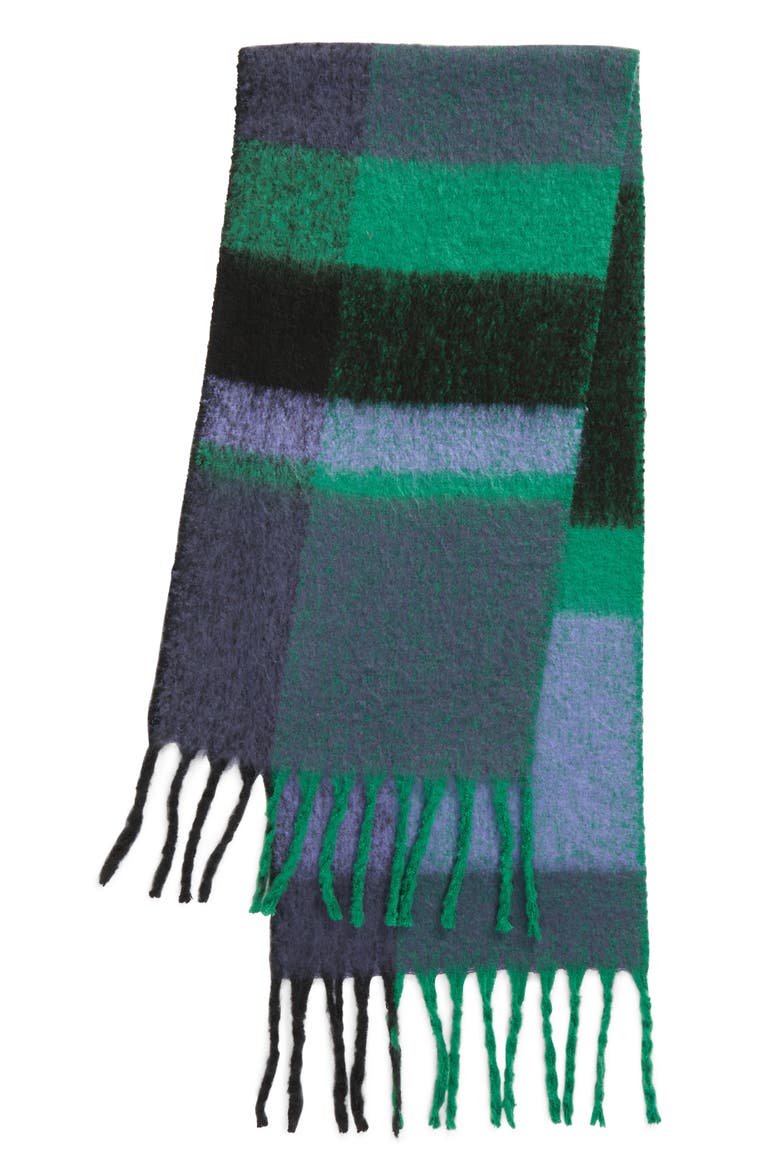 Cameron Plaid Fringe Scarf, Alternate, color, NAVY