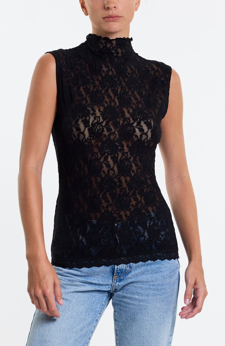 Hanky Panky Sig Mock Neck Sheer Lace Top, Alternate, color, Black