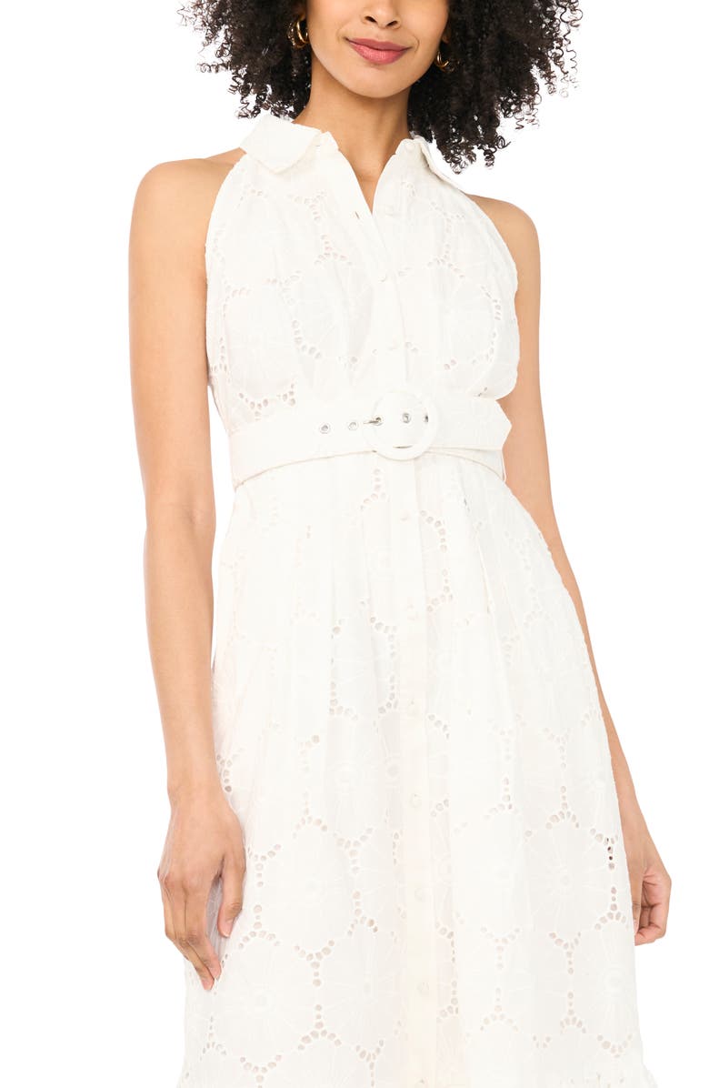 Vince Camuto Sleeveless Belted Cotton Broderie Anglaise Maxi Shirtdress, Alternate, color, Ultra White