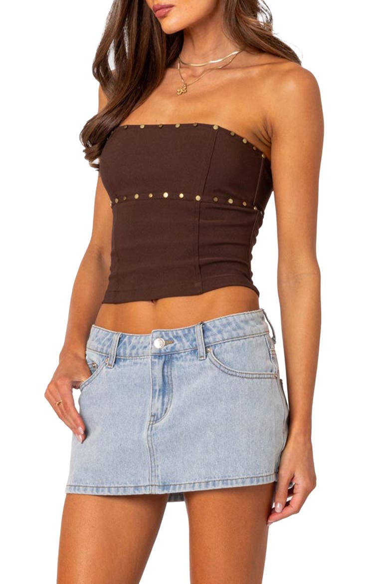 Darcy Stud Lace Up Crop Corset Top, Alternate, color, BROWN