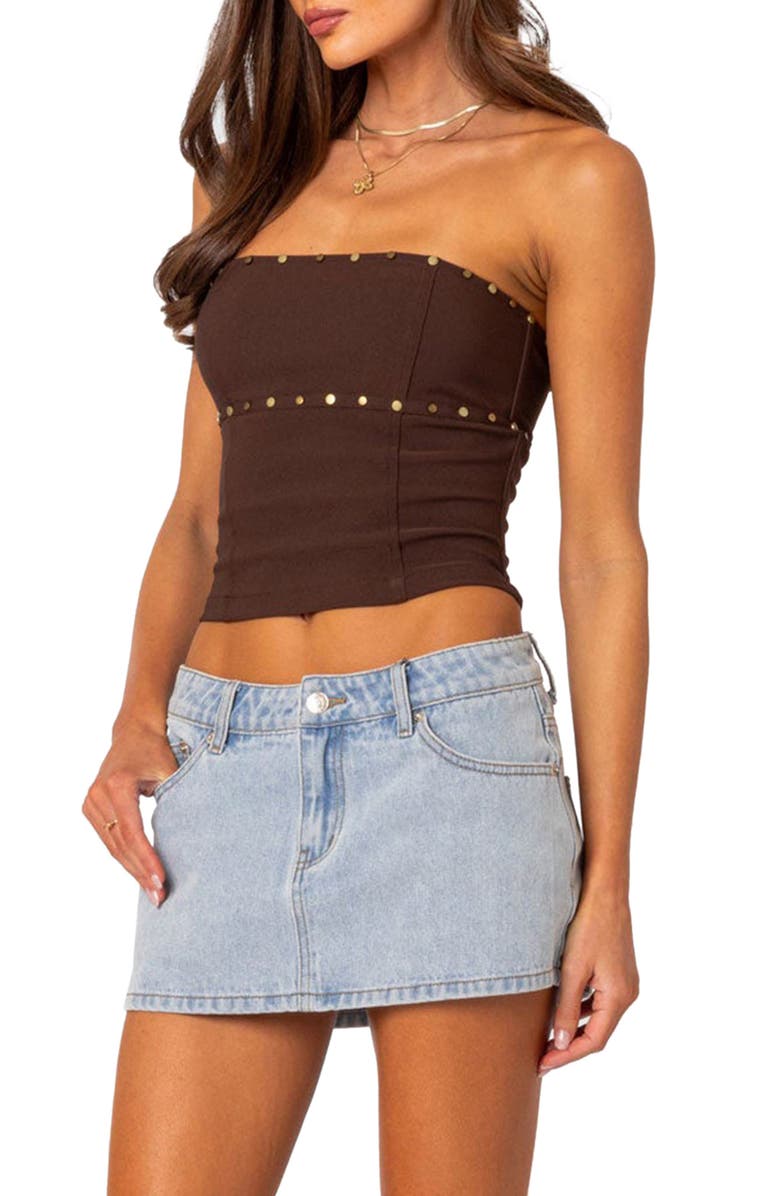 EDIKTED Darcy Stud Lace Up Crop Corset Top, Alternate, color, Brown