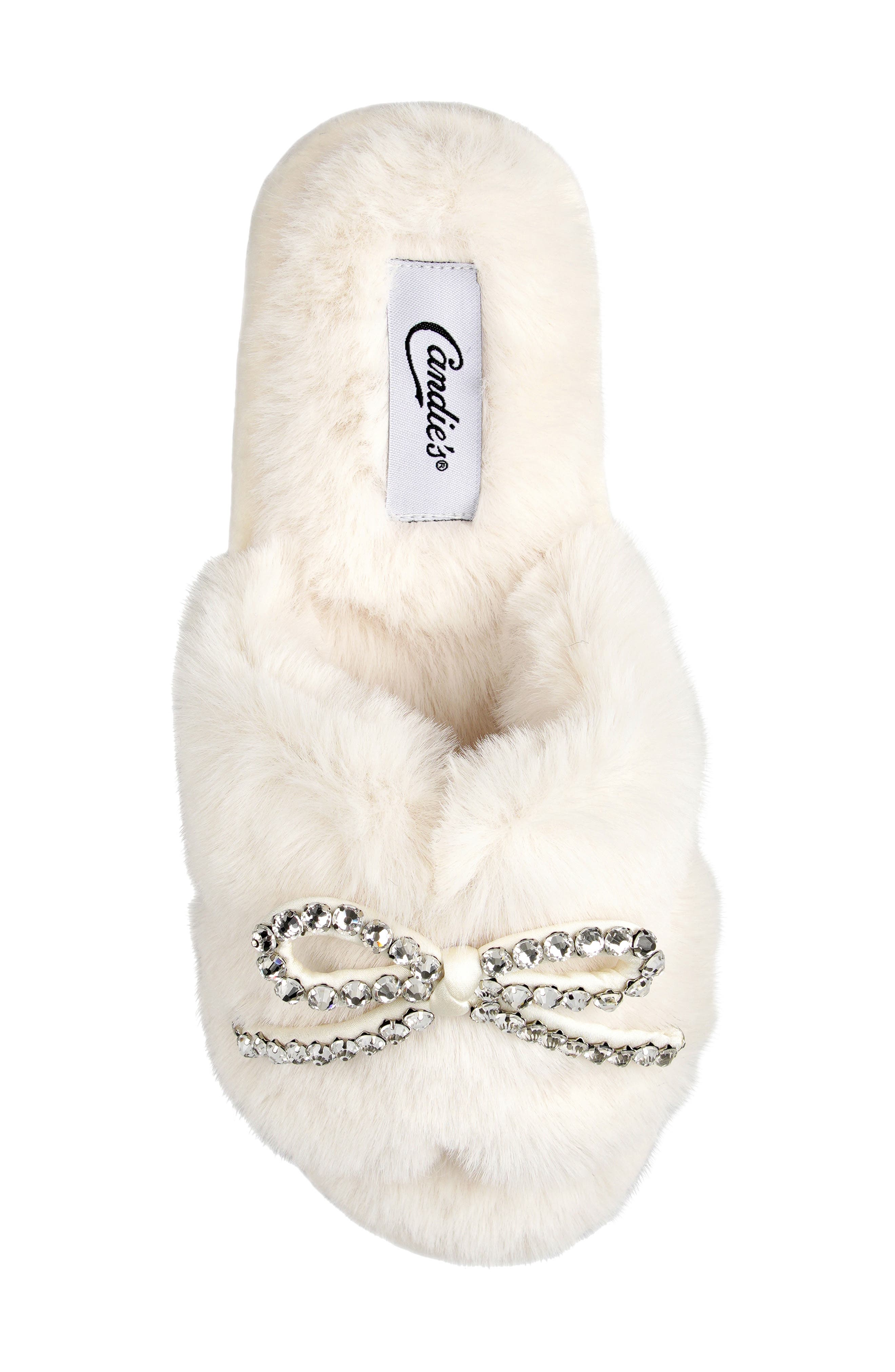 Franney Bow Embellished Faux Fur Slipper, Alternate, color, OFF WHITE