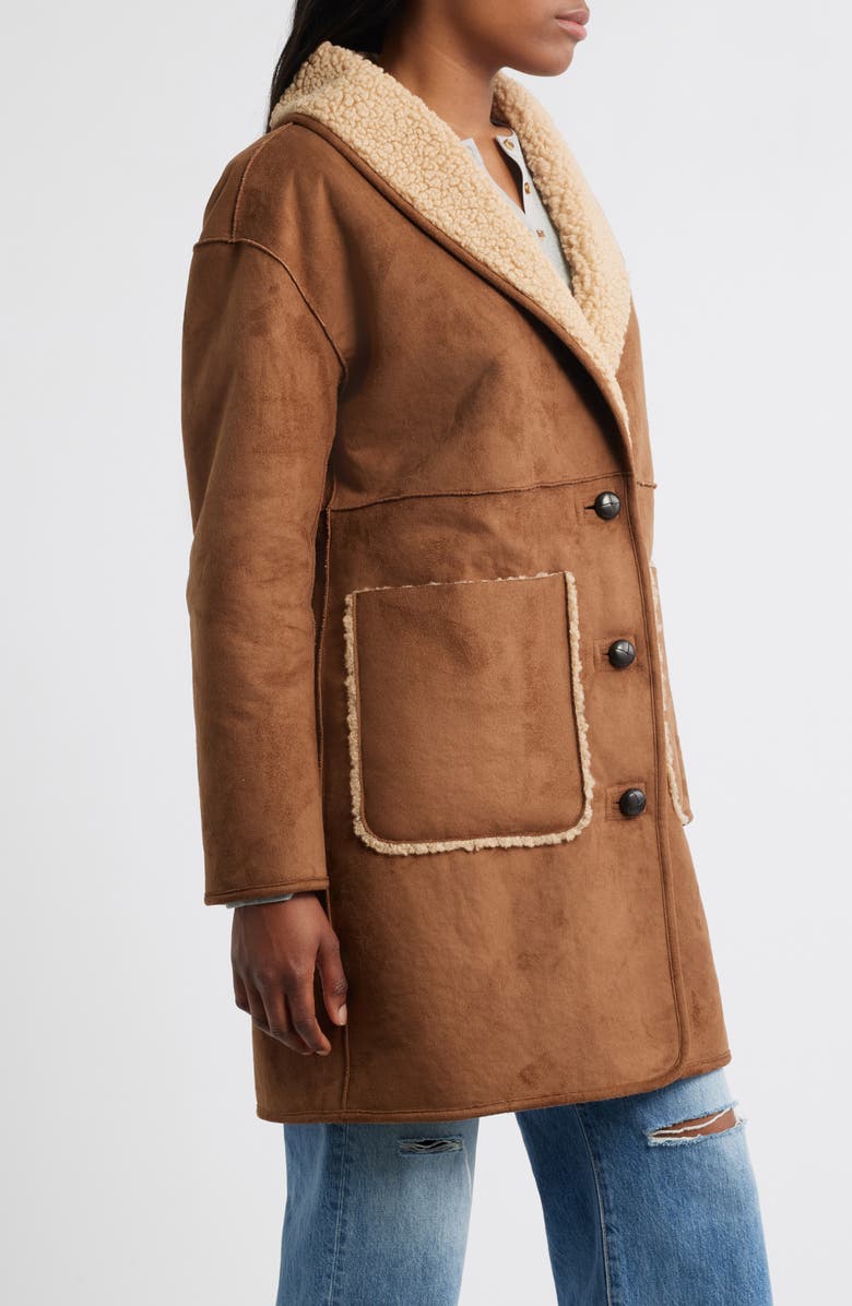 Lucky Brand Shawl Collar Faux Shearling Coat, Alternate, color, Camel-Tan