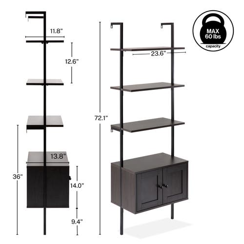 Happimess Tulare Midcentury Industrial 4-shelf Wood Wall-mounted Open Ladder Bookcase With Cabinet And Metal F In Black