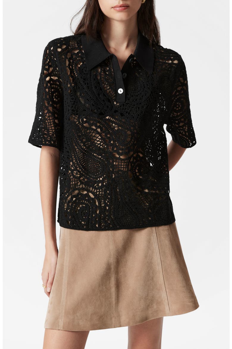 Paisley Wool & Cotton Polo, Main, color, BLACK DARK