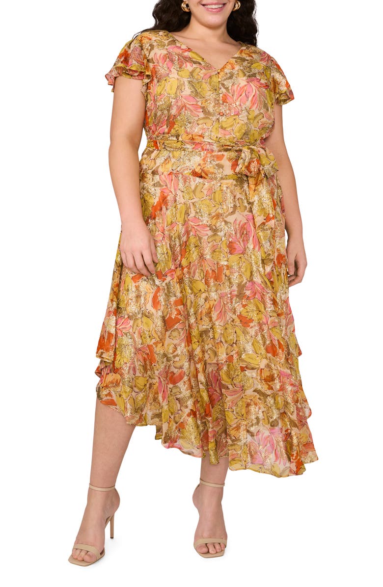 Vince Camuto Metallic Floral Flutter Sleeve Dress, Main, color, Crushed Orange