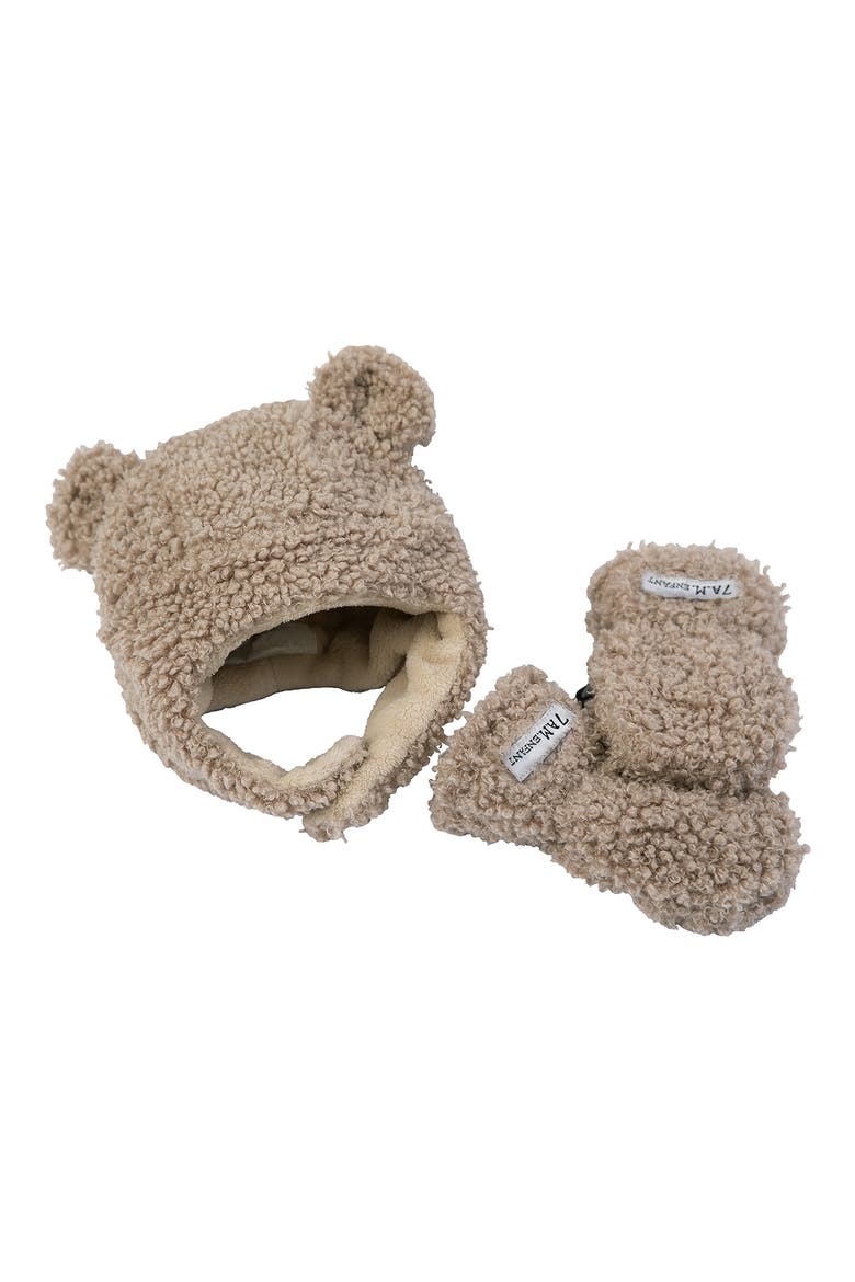 Teddy Cub Hat & Mittens Set, Main, color, OATMEAL TEDDY
