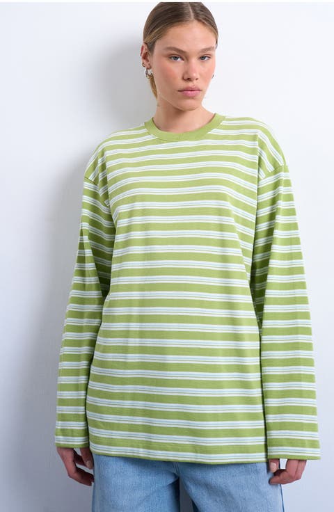 Skater Stripe Oversize Long Sleeve Cotton T-Shirt