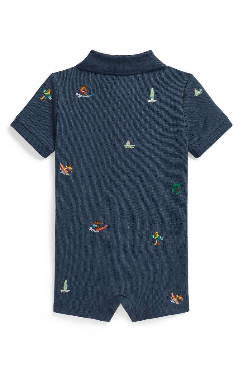 Ralph Lauren Surf Embroidered Polo Romper, Alternate, color, Clancy Blue
