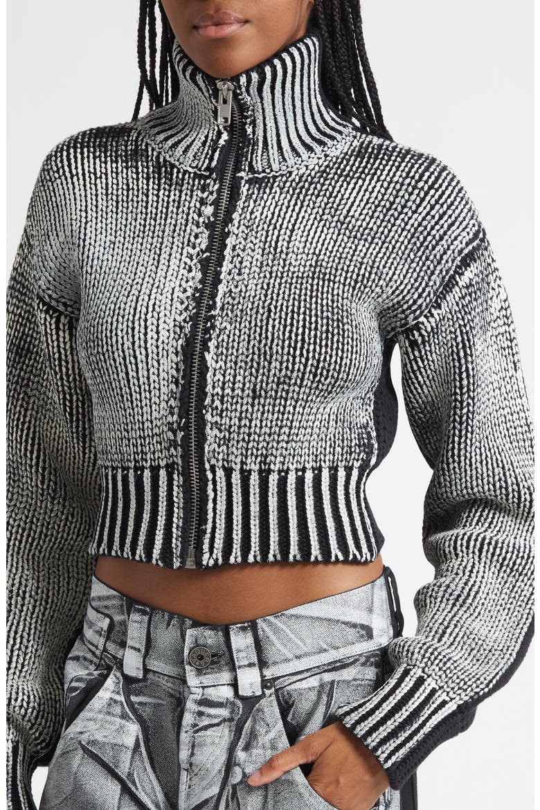 Zip Crop Cardigan, Alternate, color, BLACK WHITE 1
